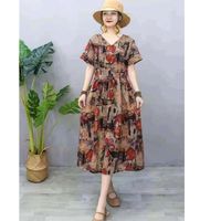 Women's Swing Dress Casual Vintage Style V Neck Printing Short Sleeve Printing Midi Dress Daily sku image 6