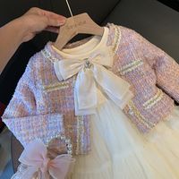 Cute Stripe Bow Knot Rhinestone Pearl Cotton Spandex Polyester Girls Clothing Sets main image 4
