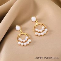 1 Pair Casual Round Flower Rectangle Plating Inlay Alloy Rhinestones Opal Pearl Drop Earrings sku image 3