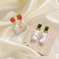 1 Pair Retro Baroque Style Commute Square Plating Inlay Baroque Pearls Copper Artificial Crystal 14k Gold Plated Drop Earrings main image 4