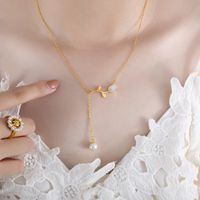 Süss Blume Titan Stahl Überzug Inlay Künstliche Perlen Hülse 18 Karat Vergoldet Halskette Mit Anhänger main image 6