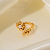 Simple Style Classic Style Leaf Flower Stainless Steel Plating Inlay Artificial Pearls 18k Gold Plated Open Rings main image 5
