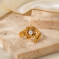Simple Style Classic Style Leaf Flower Stainless Steel Plating Inlay Artificial Pearls 18k Gold Plated Open Rings main image 4