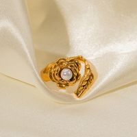 Simple Style Classic Style Leaf Flower Stainless Steel Plating Inlay Artificial Pearls 18k Gold Plated Open Rings main image 3