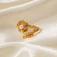 Simple Style Classic Style Leaf Flower Stainless Steel Plating Inlay Artificial Pearls 18k Gold Plated Open Rings main image 2