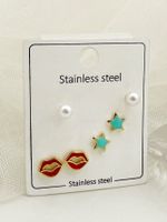 1 Set Cute Sweet Lips Star Paw Print Enamel Plating Inlay 304 Stainless Steel Pearl Gold Plated Ear Studs main image 3
