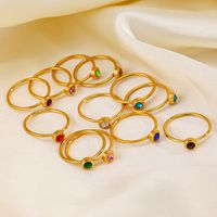 304 Stainless Steel 18K Gold Plated Simple Style Plating Inlay Round Rhinestones Birthstone Rings main image 2