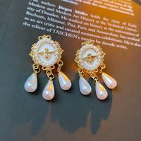 1 Pair Elegant Retro Heart Shape Flower Plating Inlay Copper Pearl Earrings sku image 3