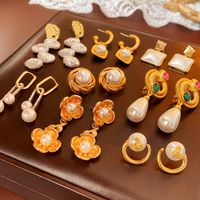1 Pair Lady Flower Plating Inlay Artificial Pearl Copper Zircon Drop Earrings Ear Studs main image 6
