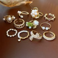 Japanese Style Flower Copper Plating Inlay Artificial Crystal Freshwater Pearl Open Ring main image 1