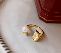Japanese Style Flower Copper Plating Inlay Artificial Crystal Freshwater Pearl Open Ring sku image 3