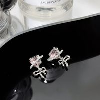 1 Pair Ig Style Sweet Heart Shape Bow Knot Plating Inlay Alloy Rhinestones Pearl Drop Earrings main image 4