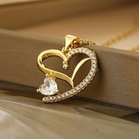 Sweet Heart Shape Copper Plating Inlay Carving Zircon 18k Gold Plated Pendant Necklace sku image 2