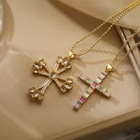 Retro Simple Style Cross Copper Plating Inlay Zircon 18k Gold Plated Pendant Necklace main image 1
