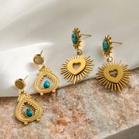 1 Pair Lady Streetwear Sun Heart Shape Plating Inlay 304 Stainless Steel Turquoise 18K Gold Plated Drop Earrings main image 4