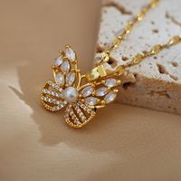 Sweet Simple Style Butterfly Titanium Steel Copper Plating Hollow Out Inlay Pearl Zircon Pendant Necklace main image 6