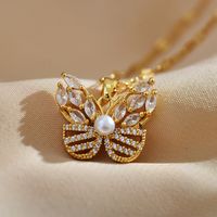 Sweet Simple Style Butterfly Titanium Steel Copper Plating Hollow Out Inlay Pearl Zircon Pendant Necklace main image 4