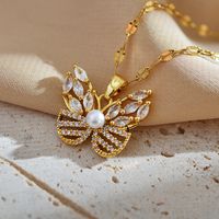 Sweet Simple Style Butterfly Titanium Steel Copper Plating Hollow Out Inlay Pearl Zircon Pendant Necklace sku image 1