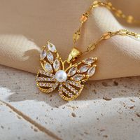 Sweet Simple Style Butterfly Titanium Steel Copper Plating Hollow Out Inlay Pearl Zircon Pendant Necklace main image 5