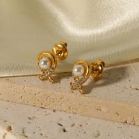 1 Pair Casual Modern Style Round Plating Inlay Stainless Steel Artificial Pearls Pearl Zircon 18K Gold Plated Ear Studs main image 1