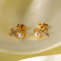 1 Pair Casual Modern Style Round Plating Inlay Stainless Steel Artificial Pearls Pearl Zircon 18K Gold Plated Ear Studs main image 4