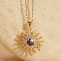 Classic Style Shiny Sun Copper 14k Gold Plated Zircon Pendant Necklace In Bulk sku image 1