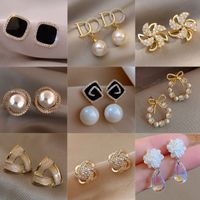 1 Pair Elegant Sweet Square Heart Shape Bow Knot Inlay Imitation Pearl Alloy Rhinestones Earrings main image 6