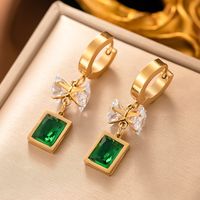 1 Pair Vintage Style Square Oval Bow Knot Plating Inlay 304 Stainless Steel Artificial Rhinestones 18K Gold Plated Drop Earrings main image 3