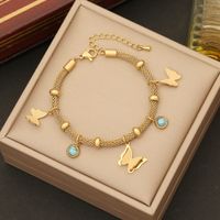 Stainless Steel 18K Gold Plated Bohemian Simple Style Plating Hollow Out Inlay Animal Butterfly Turquoise Bracelets Earrings Necklace sku image 2