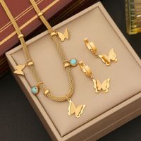 Stainless Steel 18K Gold Plated Bohemian Simple Style Plating Hollow Out Inlay Animal Butterfly Turquoise Bracelets Earrings Necklace main image 5