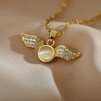 Retro Wings Titanium Steel Copper Plating Inlay Zircon Gold Plated Pendant Necklace main image 5