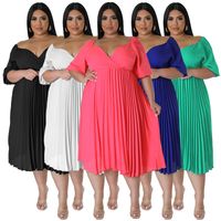 Pleated Skirt Streetwear V Neck Half Sleeve Solid Color Midi Dress Daily main image 1