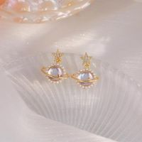 1 Pair Elegant Planet Plating Inlay Copper Pearl Zircon 14k Gold Plated Drop Earrings main image 5