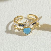 Elegant Sweet Heart Shape Copper Plating Inlay Opal Zircon 14k Gold Plated Open Rings sku image 1