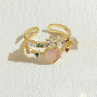 Elegant Sweet Heart Shape Copper Plating Inlay Opal Zircon 14k Gold Plated Open Rings sku image 3