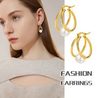1 Pair Elegant French Style Circle Plating Inlay 304 Stainless Steel Pearl Earrings main image 4