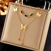Vintage Style Tassel Butterfly Stainless Steel Plating Inlay Rhinestones 18k Gold Plated Layered Necklaces sku image 1
