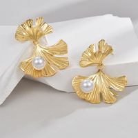 1 Pair Elegant Modern Style Ginkgo Leaf Plating Inlay 304 Stainless Steel Acrylic Imitation Pearl 18K Gold Plated Drop Earrings sku image 2