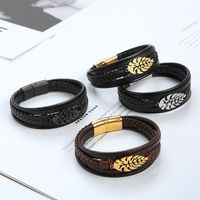 Hip-hop Rock Leaves Stainless Steel Pu Leather Men's Bangle main image 4