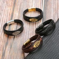 Hip-hop Rock Leaves Stainless Steel Pu Leather Men's Bangle main image 2
