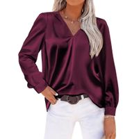 Women's Blouse Long Sleeve Regular Sleeve Blouses V Neck Pleated Casual Elegant Solid Color Loose main image 4