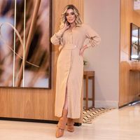 Women's Slit Dress Simple Style Turndown Slit Button Long Sleeve Solid Color Maxi Long Dress Daily sku image 6