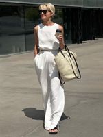 Women's Casual Solid Color Cotton And Linen Slit Pants Sets sku image 12