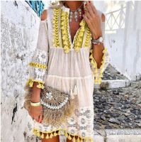 Women's Boho Dress Ethnic Style V Neck Tassel Hollow Out 3/4 Length Sleeve Solid Color Above Knee Travel main image 1
