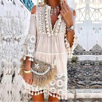 Women's Boho Dress Ethnic Style V Neck Tassel Hollow Out 3/4 Length Sleeve Solid Color Above Knee Travel main image 5