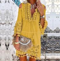 Women's Boho Dress Ethnic Style V Neck Tassel Hollow Out 3/4 Length Sleeve Solid Color Above Knee Travel main image 4