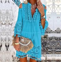 Women's Boho Dress Ethnic Style V Neck Tassel Hollow Out 3/4 Length Sleeve Solid Color Above Knee Travel main image 3