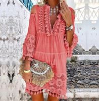 Women's Boho Dress Ethnic Style V Neck Tassel Hollow Out 3/4 Length Sleeve Solid Color Above Knee Travel main image 2