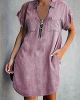 Women's Denim Dress Casual Turndown Zipper Short Sleeve Solid Color Knee-length Street main image 5