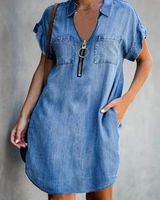 Frau Denim-kleid Lässig Ablehnen Reißverschluss Kurzarm Einfarbig Knielang Straße main image 4